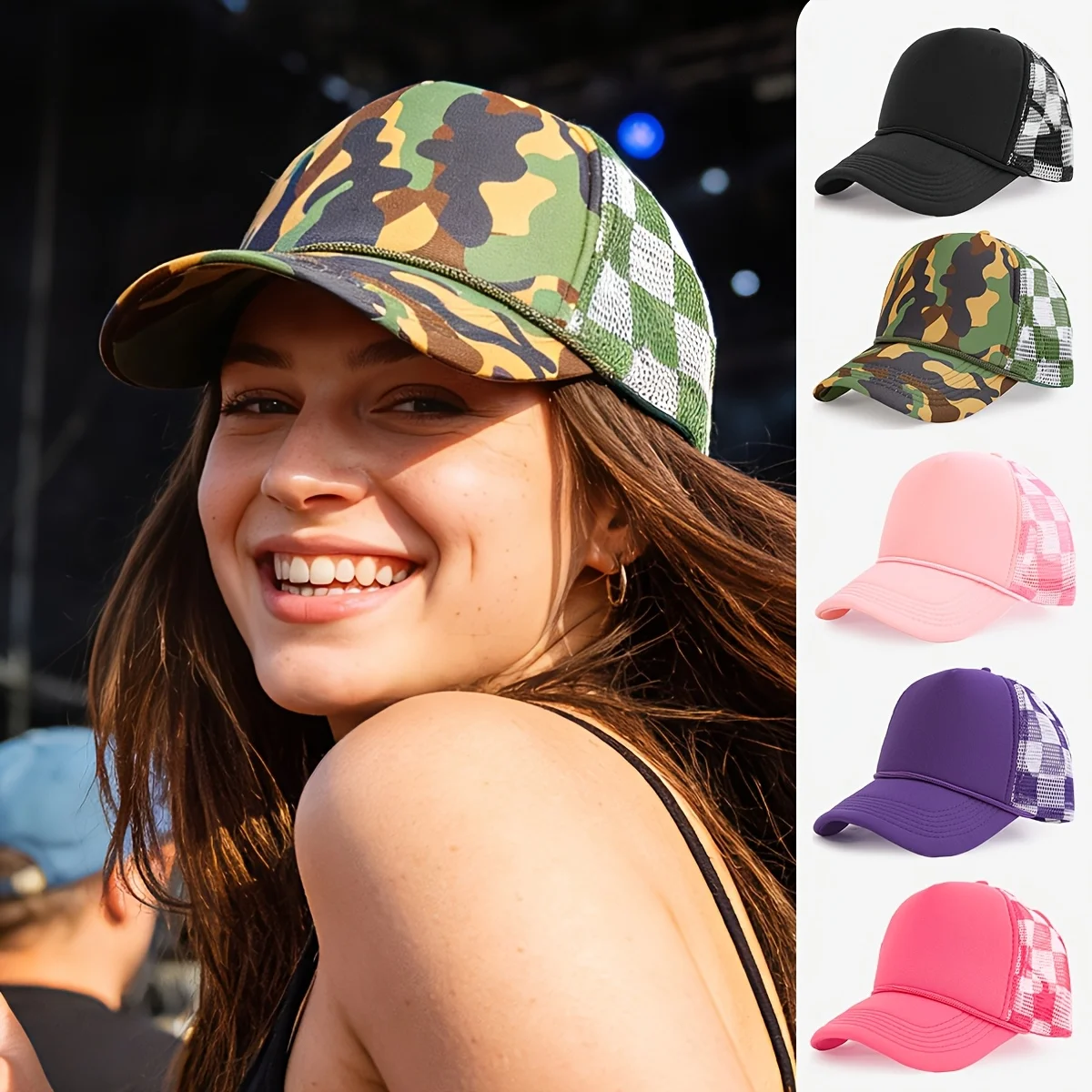 Mesh trendy versatile two-tone plaid trucker hat casual lightweight breathable outdoor baseball cap