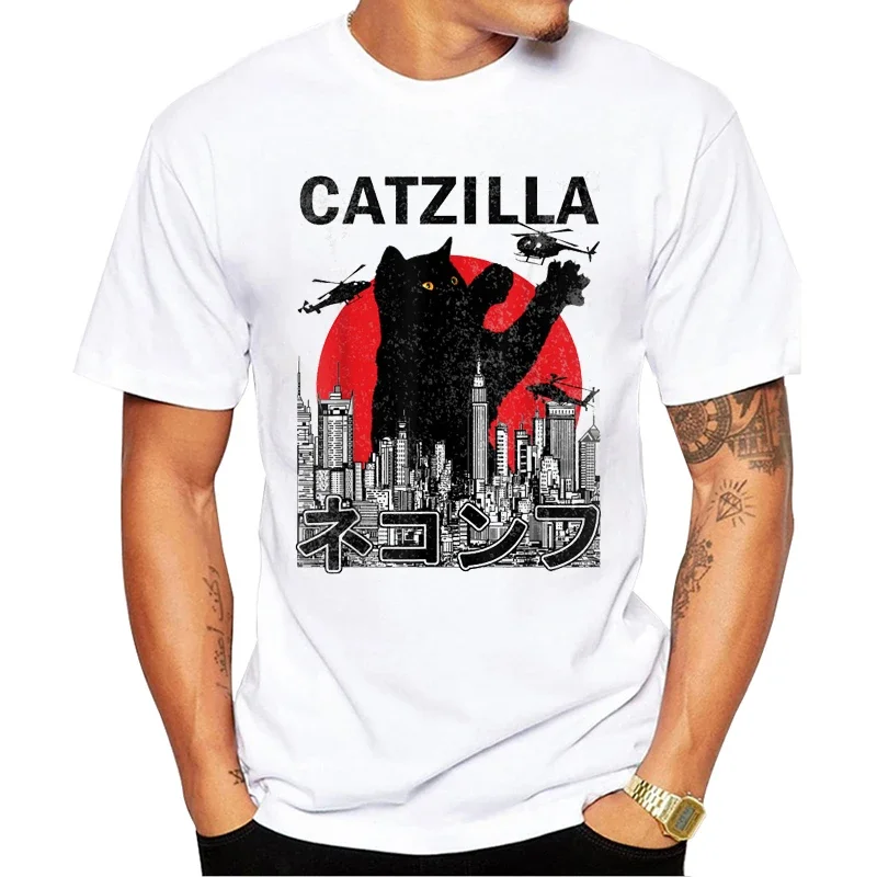 

Fashion Catzilla Men T-Shirt Cat Kitten Lover Printed Tshirts Short Sleeve Casual Tee Japanese Vintage Sunset Tops