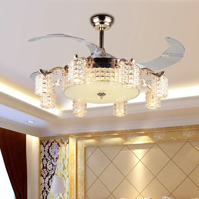 LED Crystal Gold Fan Lights Living Room Bedroom Modern Restaurant Fan With Remote Control Luxury 110V