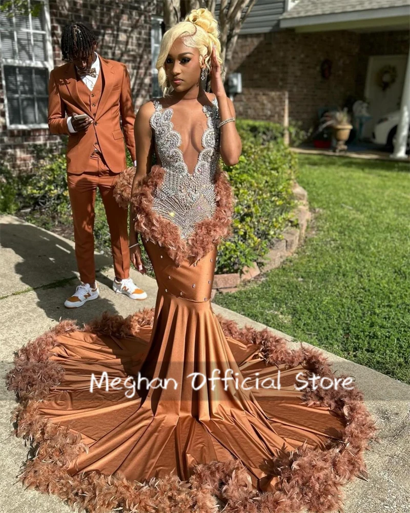 Brown Long Prom Dresses For Black Girls Bead Crystal 2024 Birthday Luxury Dress Feather Graduation Gown Customized