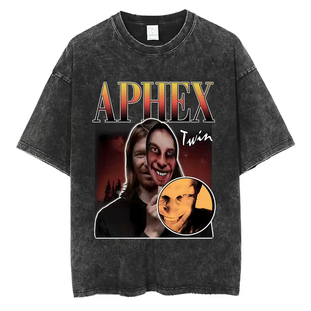 

Singer Aphex Twin Graphic Vintage Washed T Shirt Men Women Clothing Fashion Retro Oversized T-shirt Men's Casual Cotton T-shirts
