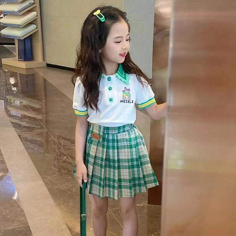 Girls Academy Style Pleated Skirt Set For Summer 2024 New Children's Checkered Two-piece Set For Little Girls With Short Sleeves