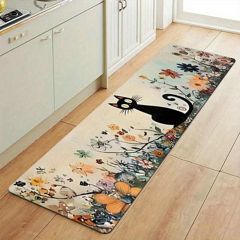 Cute Black Cat & Floral Garden Kitchen Rug Non-Slip Washable Diatom Mud Floor Mat for Kitchen Hallway Living Room Home Decor