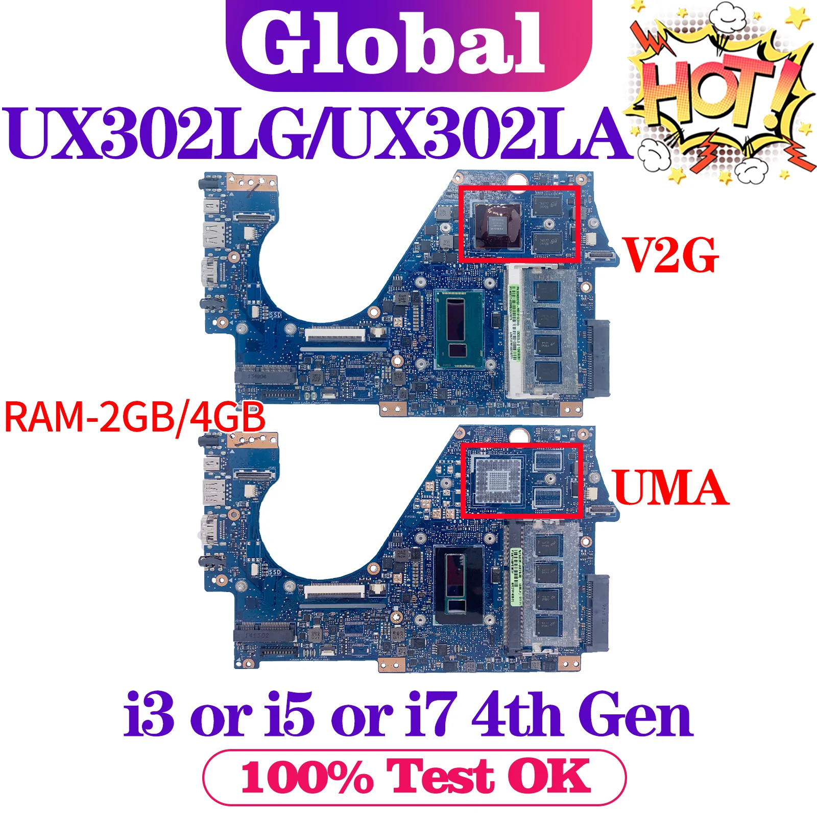 

KEFU UX302LG Mainboard For ASUS Zenbook UX302L UX302 UX302LA Laptop Motherboard Main Board i3 i5 i7 CPU 2GB/4GB-RAM GT730M UMA