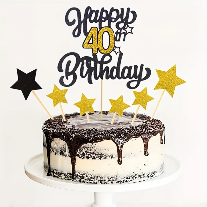 7pcs set Black Gold Glitter Adult Birthday Party Cake Topper 21 30 40 50 60 70 Years Old Birtday Cake Decoration Cake Supplies