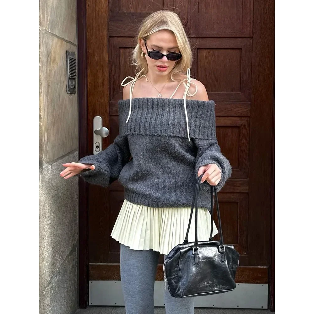 Women Fashion Solid Off Shoulder Sweater Long Sleeve Knitted Pullover Sweater Autumn and Winter Female Casual Knitwear Chic Top