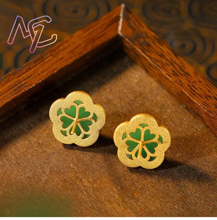 Green Natural Jade Clover Earrings Gifts for Women Talismans Vintage Ear Stud Lucky Stone Charm Amulet Luxury - view 6