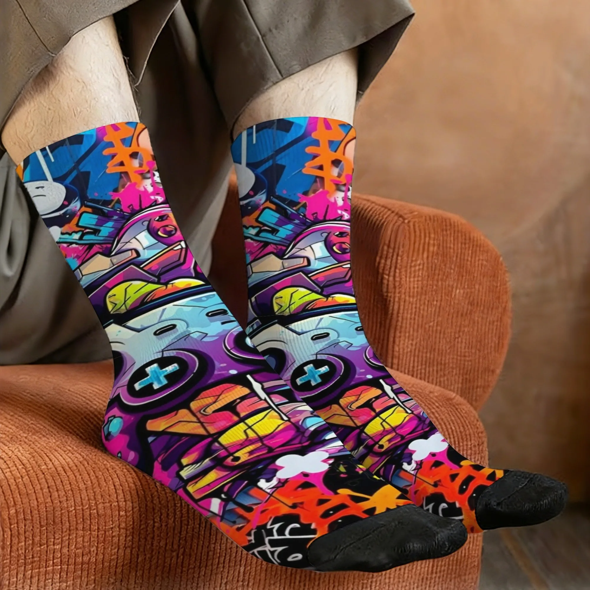 Street Graffiti Socks Non-slip Elastic Breathable Men's Socks Outdoor Sports Fitness Street Fashion Retro Trendy Edgy Crew Socks