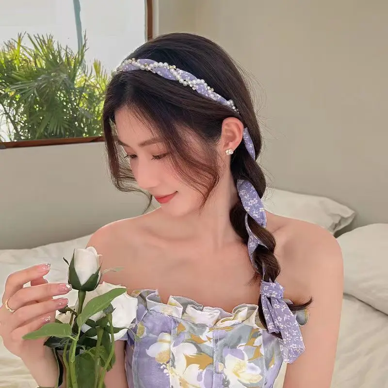 Mode Zomer Bloemen Haarlint Hoofdbanden voor Vrouwen Franse Steentjes Parel Weave Lange Kwast Haarbanden Hoofddeksels