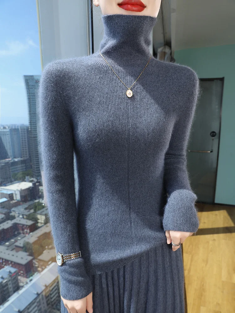 100% Pure Mink Cashmere Slim Sweaters Women' Turtleneck Knitted Pullover Casual Elastic Inside Tops Autumn Large Size Base Shirt