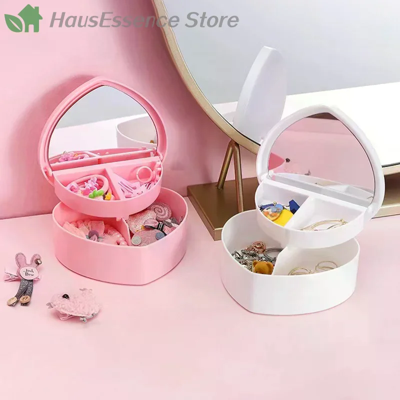 Girls Heart Jewelry Storage With Mirror Pink White Plastic Bracelets Hair Band Organizer Girl's Drawer Desk Jewelry