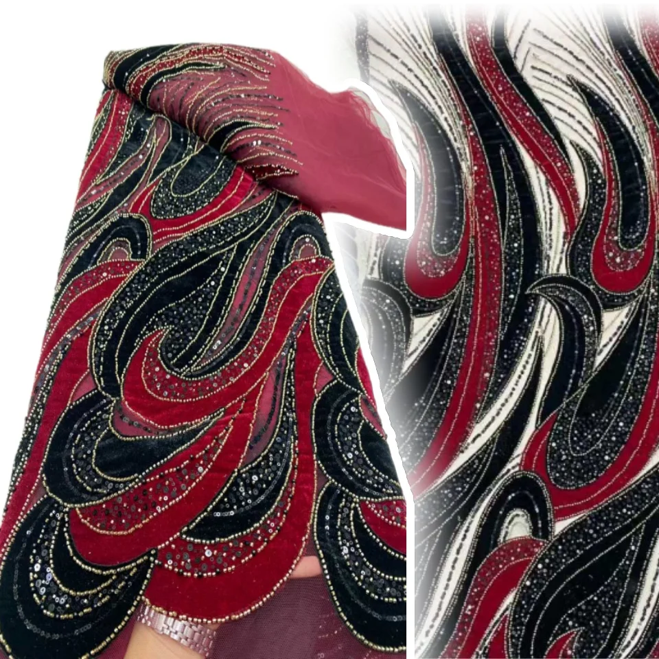 

Luxury African Beaded Velvet Lace Fabric 2025 French Sequin Tulle Lace Fabric Suitable for Wedding Party Dress Material SZ1185