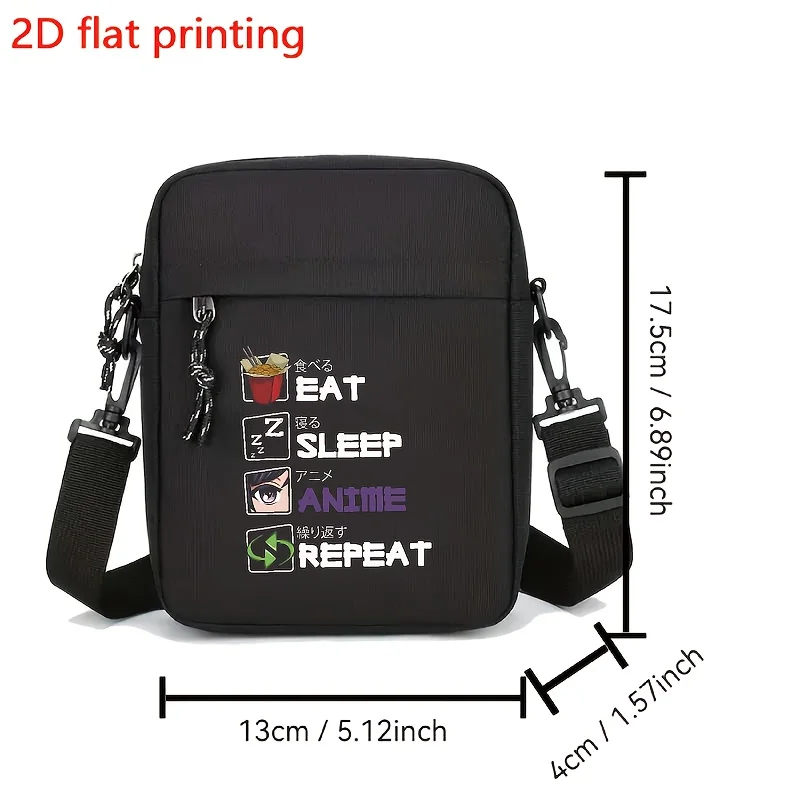 Men Casual Crossbody Bag with Anime Inspired Eat Sleep Repeat Print Adjustable Strap Zipper Messenger Bag Travel Shoulder Bags