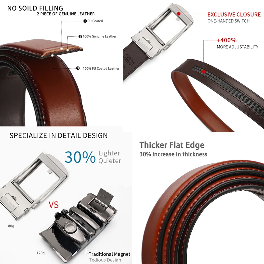 Athosline-Formal Ratchet Belt for Men's Dress, Automatic Click Buckle, Genuine Leather, Brown, 1.5"