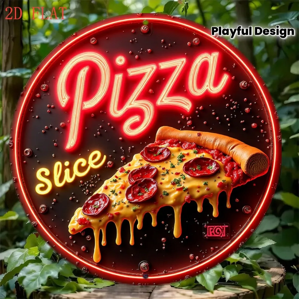 CIFBUY Retro Neon Pizza Slice Sign Aluminum Wall Art Waterproof Fade Resistant Durable Metal Decor for Home Bar Cafe Farmhouse