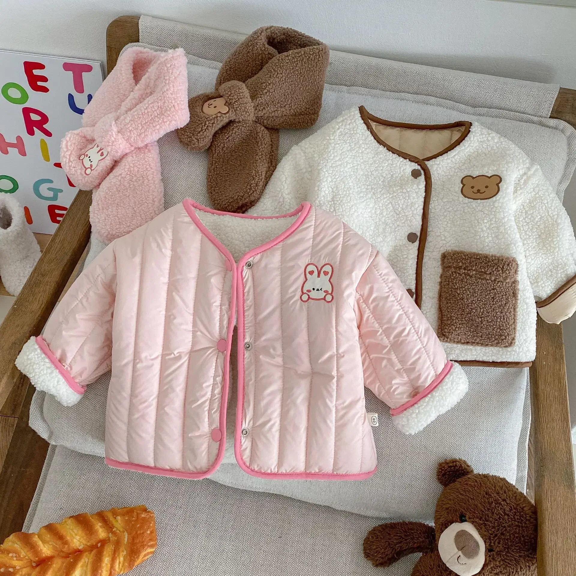 2024 Winter New in Kids Baby Girls Thicken Plush Warn Cartoon Embroidery Top Outfits , Toddler Children Cotton-padded Jacket