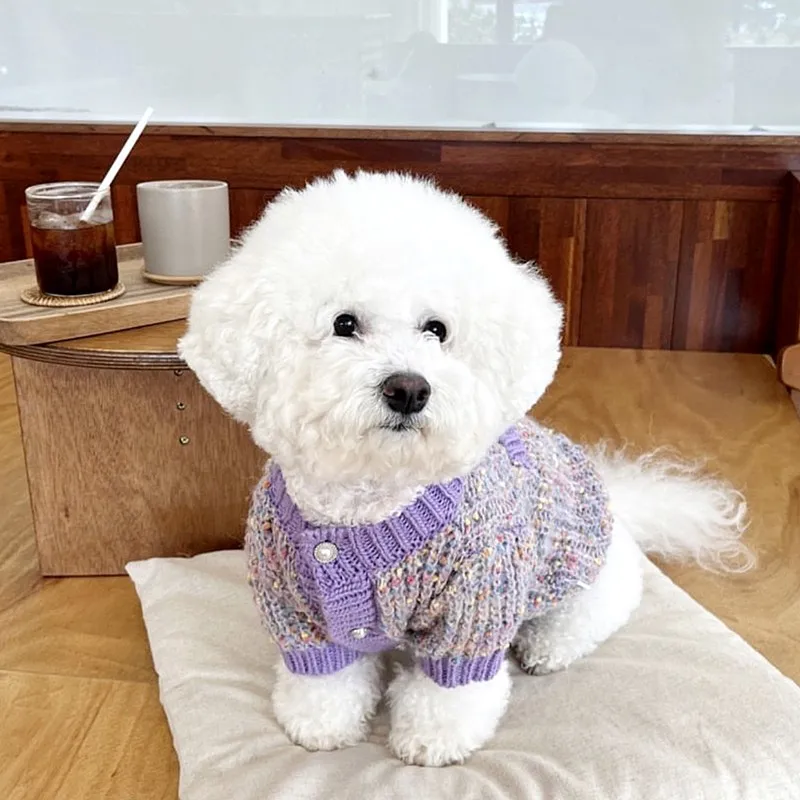 Purple Pet Sweater Poodle Bichon Dog Knit Sweater Winter Teddy Warm Coat Yorkshire Casual Open Button Dog Clothes Pet Supplies