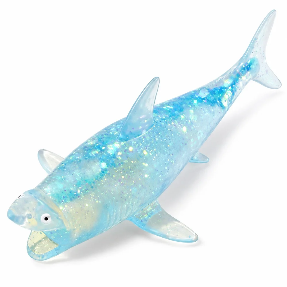 Shark Squishy Toy Clear Blue or Purple TPR with Shiny Flakes Open Mouth Ocean Animal Squeeze Fidget Gift for Teens and Adults