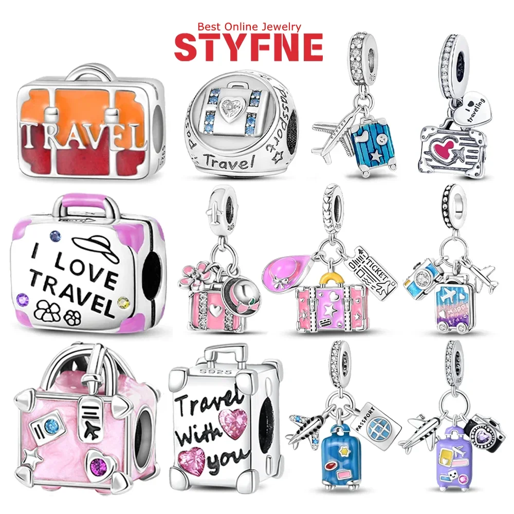 

925 Sterling Silver Travel Series Suitcase Camera Plane Pendant Charm Fit Woman Bracelet Necklace Jewelry Charms DIY Gift