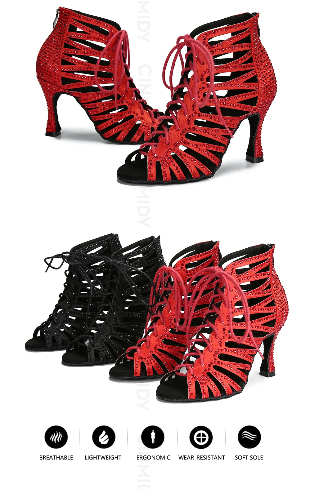 CINMIDY Schwarze Tanzschuhe für Damen Tango Salsa Latein Tanzschuhe Kubanischer Absatz Ballsaal Tanzstiefel Rote Partyschuhe zum Tanzen – Detail 4