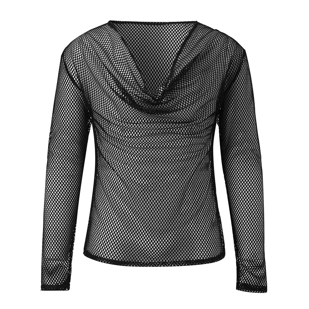 Mens Sexy See-Through Mesh Long-Sleeved Top 2024 New Genderless Nightclub Individuality Youthful Thin Low-Cut T-Shirt Unisex