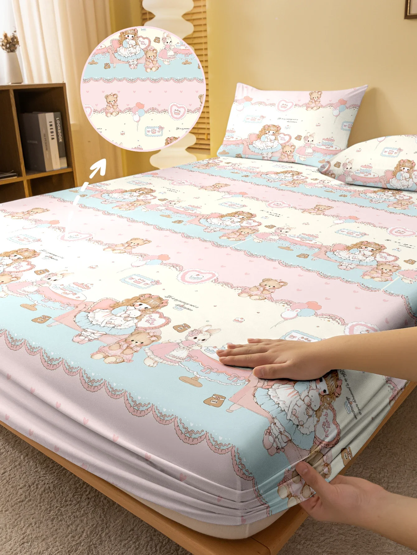 

1 Cartoon Cute Little Bear and Doll printed matte Fitted Sheet, bedroom printed bed cover, bedding (excluding pillowcases)