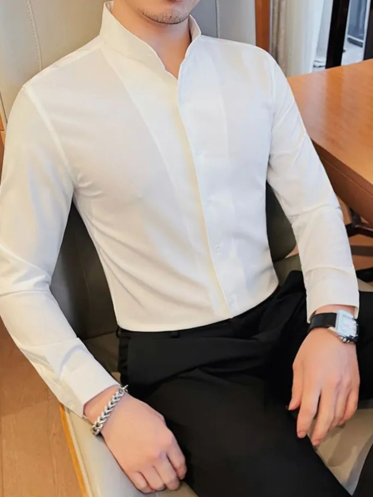 

Slim Fit Long Sve irt Stand Collar Classic Sle Casual Busin Mens irt Autumn Faion Youthful Trend Pure Color