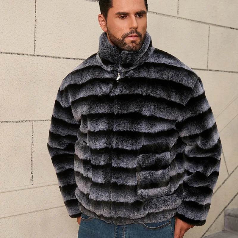 Men Fur Coat Winter Bomber Jacket Rabbit Fur Coat Luxury High Quality Faux Fur Jacket Zip Outerwear Stripe Short Tops Trendy New