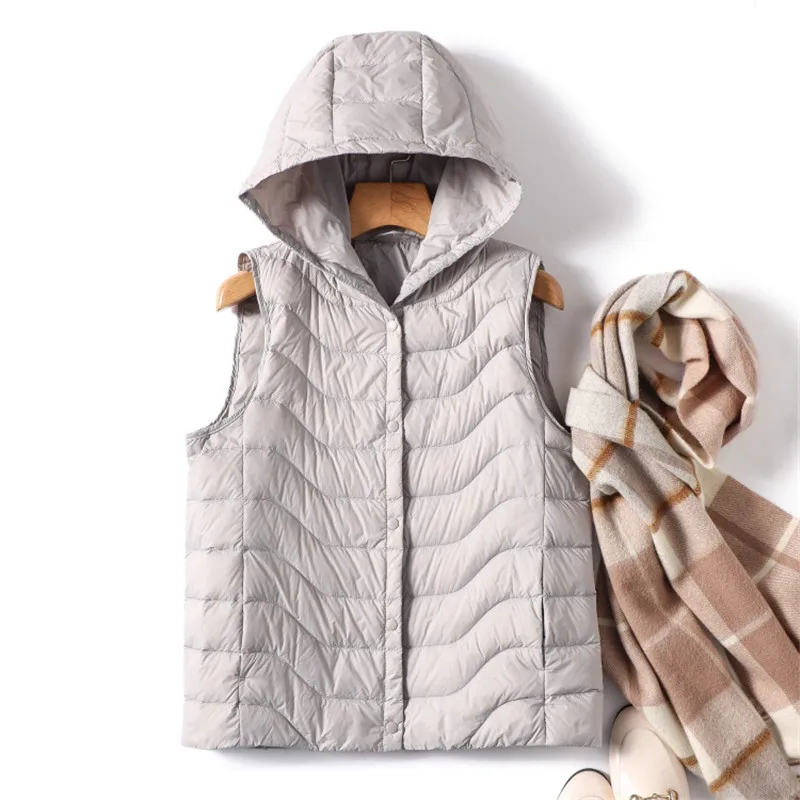 Gilet en duvet de canard blanc Ultra léger pour femme, manteau chaud, sans manches, à capuche, court, collection automne-hiver 2022