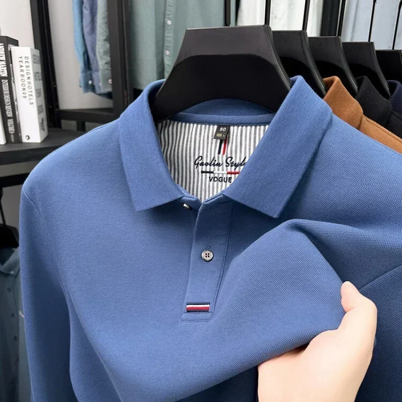 Autumn new thickened double-sided pearl cotton long-sleeved T-shirt men's middle-aged men's lapel POLO casual top image 6