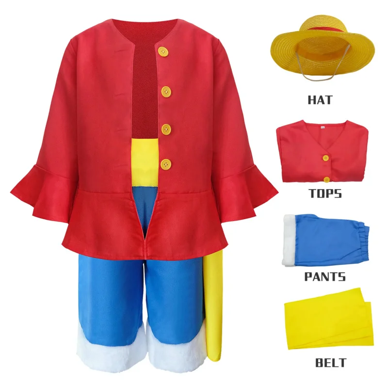 Disfraz de Cosplay de película Monkey D Luffy, uniforme de Anime para niños, sombrero de paja, pantalones, conjunto completo rojo, fiesta de Carnaval de Halloween para hombres y mujeres