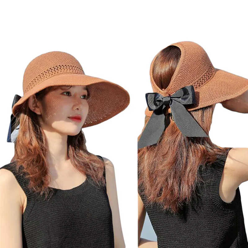 Sombreros de sol con visera y lazo para mujer, sombrero de paja de rafia hecho a mano, sombra informal, Top vacío, Playa