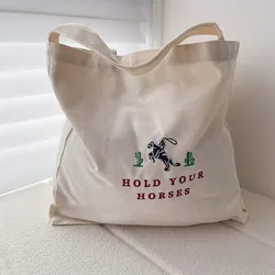 Hold Your Horses Western Embroidered Printing Canvas Shopping Bags American Retro Style Women Fashion Reusable Handbag Tote Bag