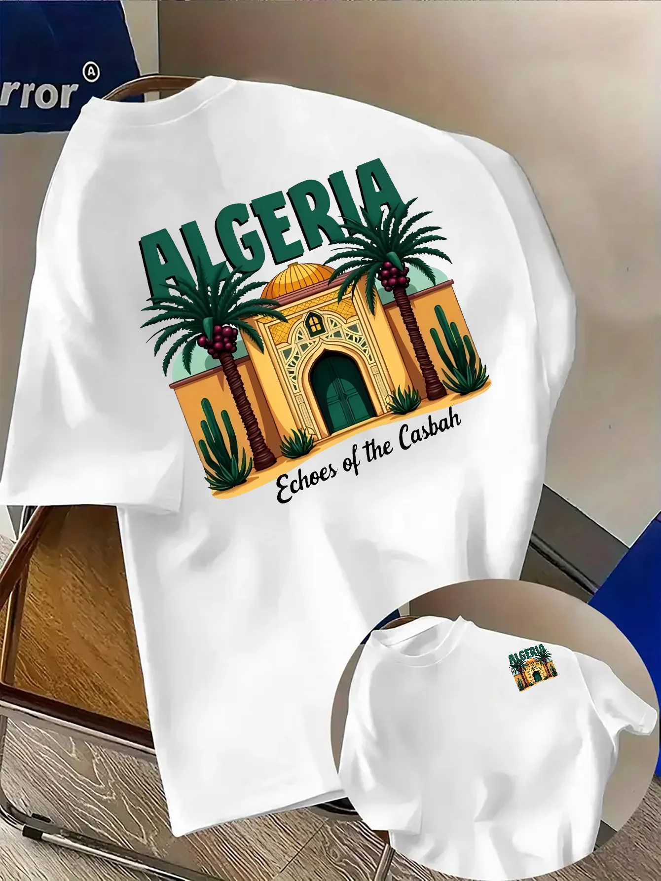 T-shirt pour homme en coton 100% à thème Algérie vibrante avec imprimé graphique architecture casbah et palmiers, vêtement décontracté d'été