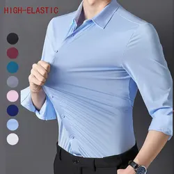 Chemise à manches courtes en soie glacée pour hommes, haute élasticité, non repassage, anti-rides, affaires décontractées, monochromatique, pilotes, printemps, été