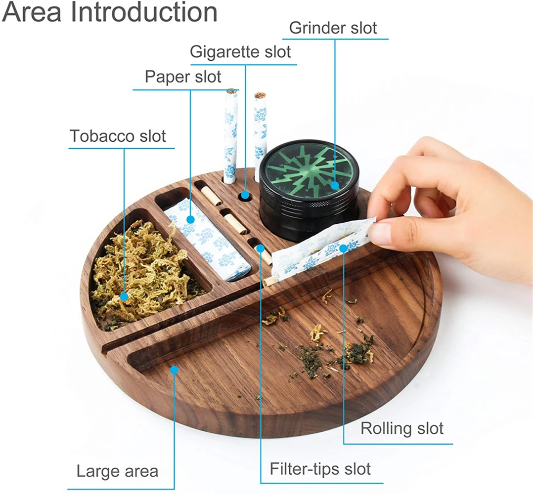 Wood Rolling Tray Black Walnut Smoking Rolling Paper Console Tobacco Herb Grinding Rolling Weed with Tray 3 Tobacco Slots