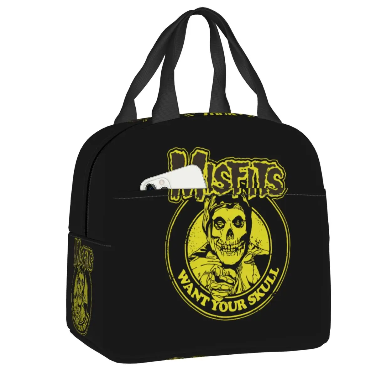 

Custom Horror Rock Roll Misfits Skull Portable Box Waterproof Heavy Metal Cooler Thermal Food Insulated Lunch Bag Office Work