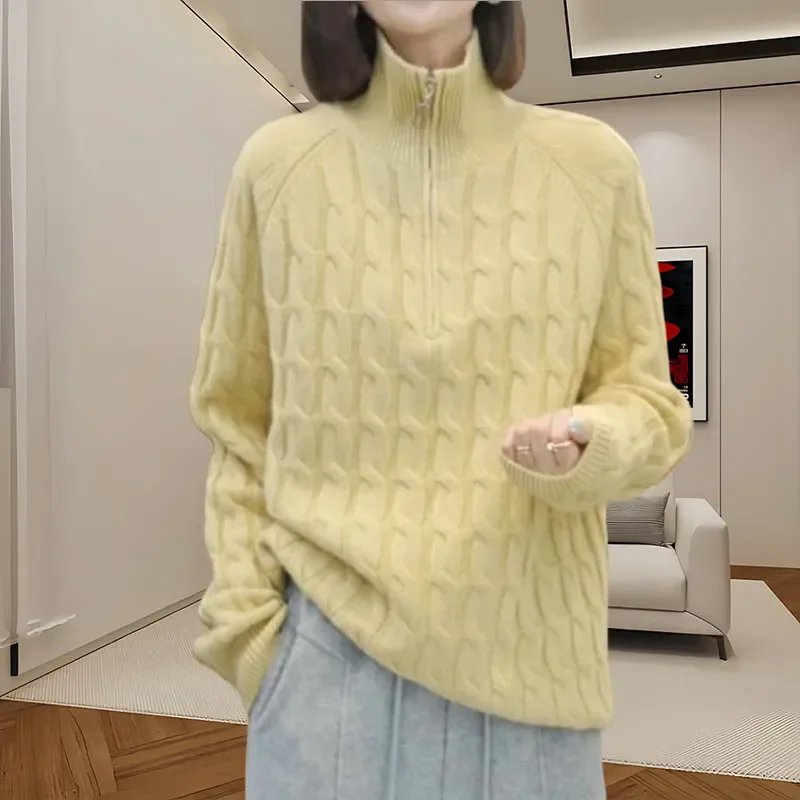 

Autumn Winter New Loose Long Sleeve Collar Warm Knitwear Women Outer Wear Half Zipper Twist Design Casual All-Match Pullover Top