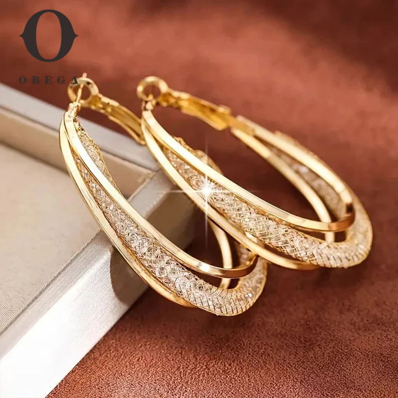 Obega Gold Color Crystal Stone Hoop Earrings  Metal Shape Silver Plating New Fashion Women Earrings Party Jewelry Birthday Gift