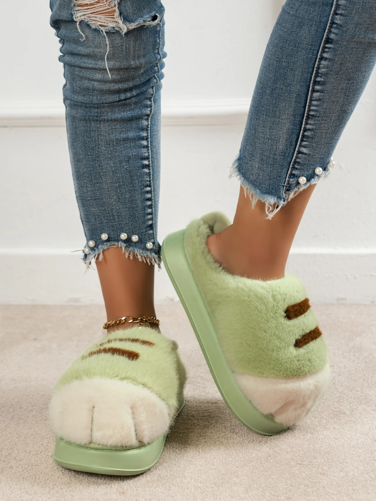 Neue Flauschige Katzenpfoten-Hausschuhe für Damen, Warme Winter-Pantoffeln, Lustige Flauschige Tierpfoten-Innenschuhe – Detail 20