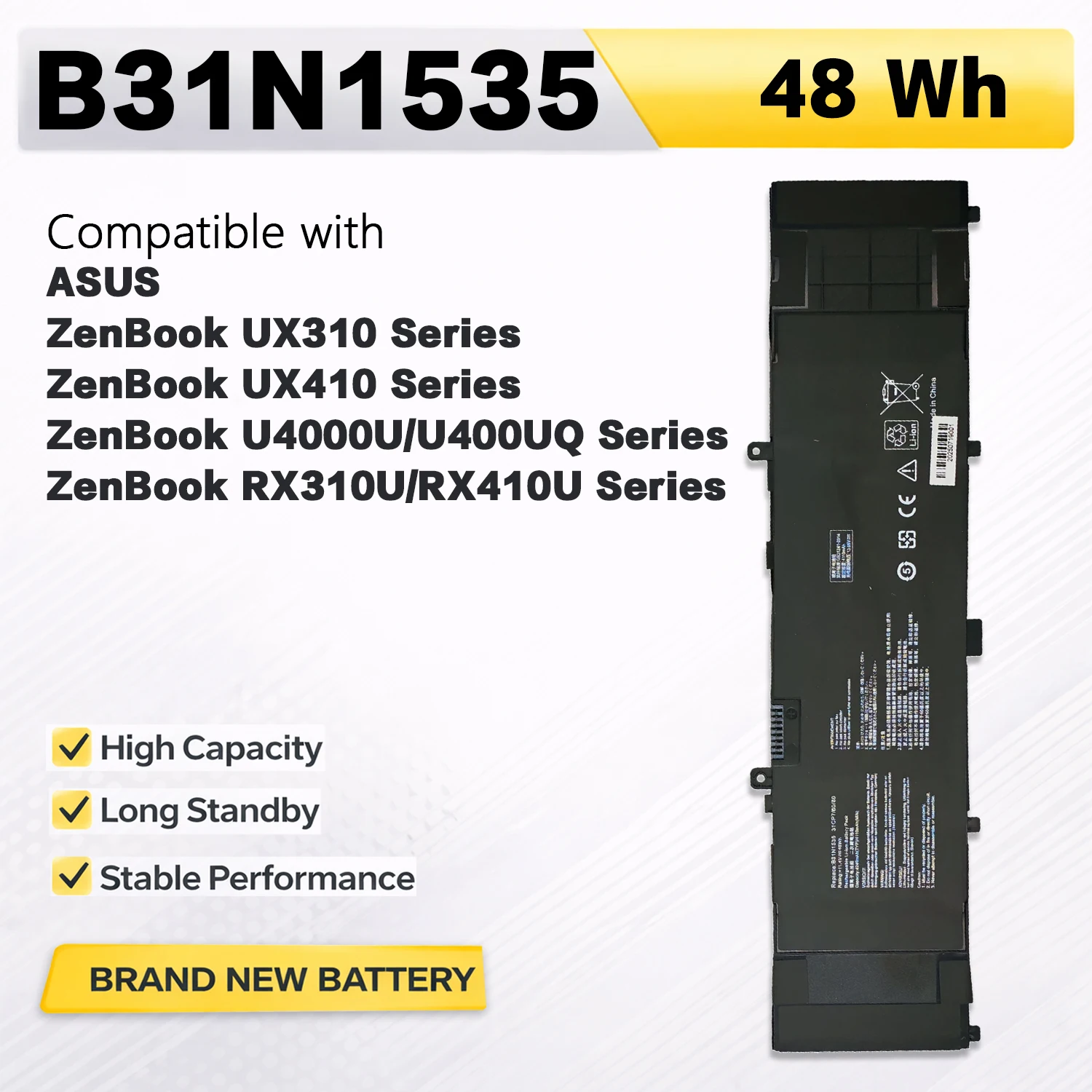 

PowerHub B31N1535 11.4V 48Wh Laptop Battery For ASUS ZenBook UX310 UX410 U4000U RX310U RX410U Replace B31N1535