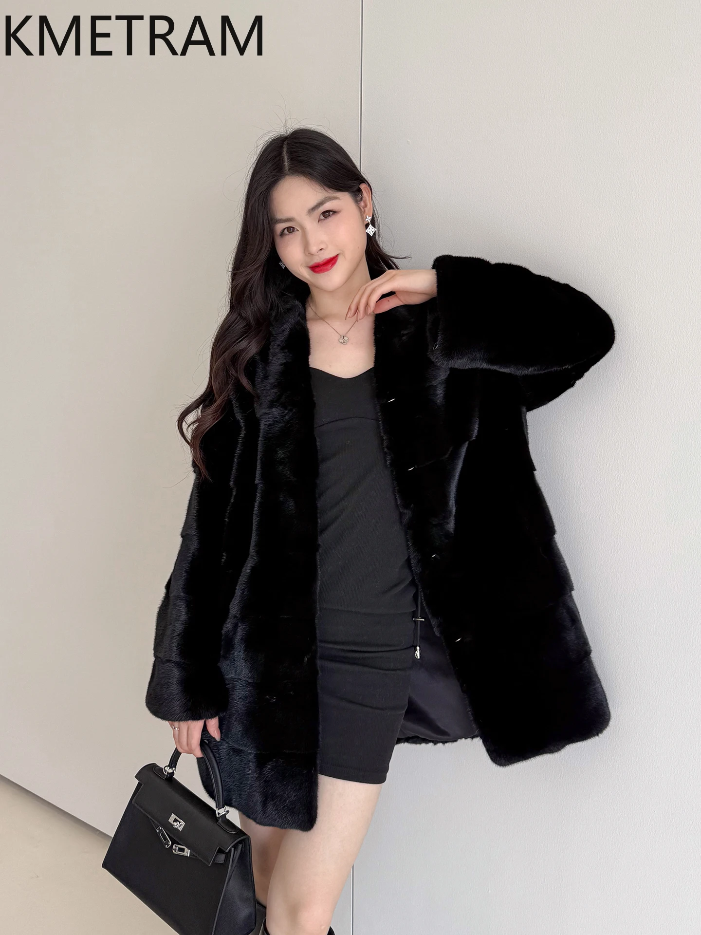 KMETRAM 100% abrigos de piel de visón mujer con cuello en V negro abrigo de piel auténtica longitud media fiesta invierno nueva ropa de abrigo 2025 fourrures femmes