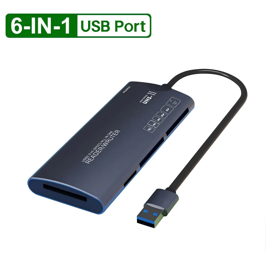 6-in-1 USB2.0/TYPE-C multifunction card reader SD/TF/XD/CF/M2 memory card adapter, suitable for data transfer and more.
