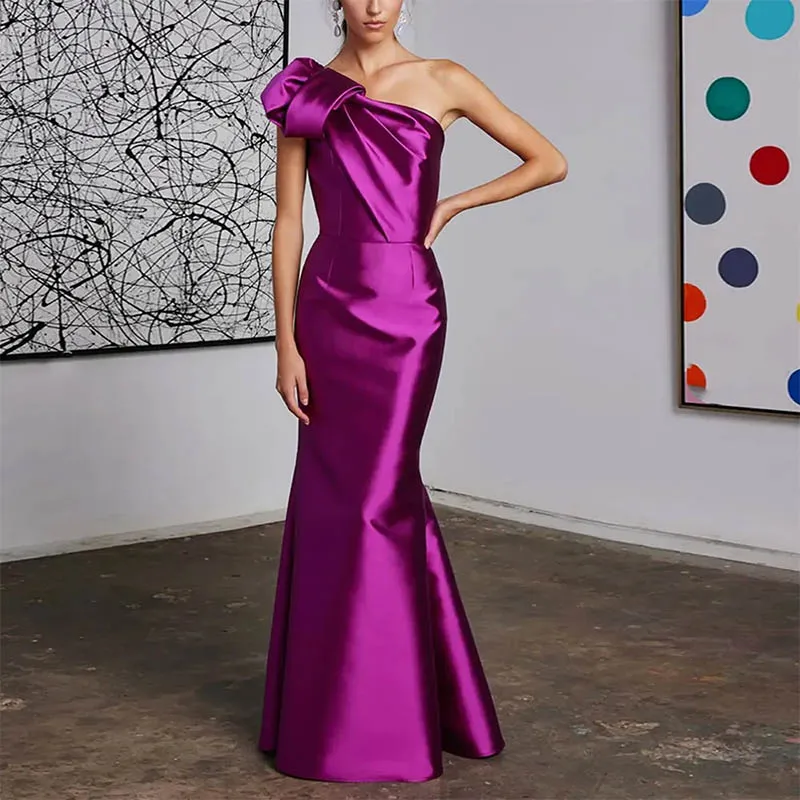 

New Arrival Vintage Long Satin Mermaid Evening Dresses Fuchsia Pleated Prom Gowns One Shoulder Formal Party Gowns