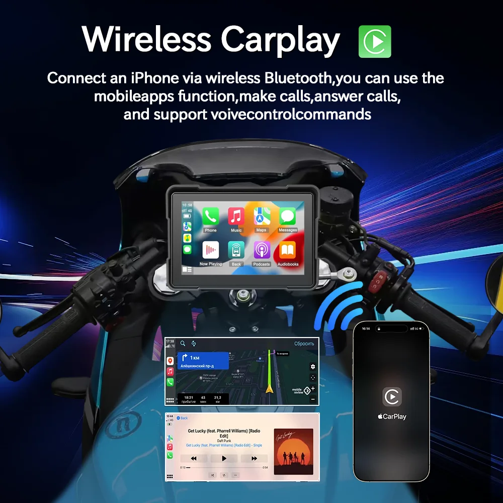 Motorcycle Carplay Wireless Multimedia Navigation Phone Link Smart Touch Screen 5'' Display Portable Mp5 Player Ip67 Waterproof