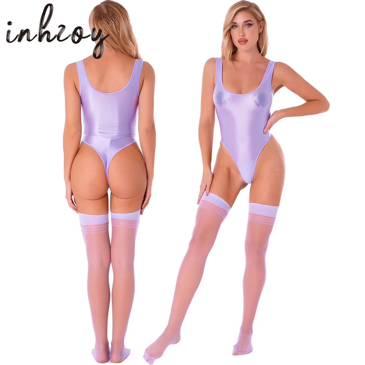 

Womens Glossy High Cut Thong Leotard Bodysuit with Stocking Outfits Oil Shiny One-piece Open Crotch Tights Pole Dance Clubwear