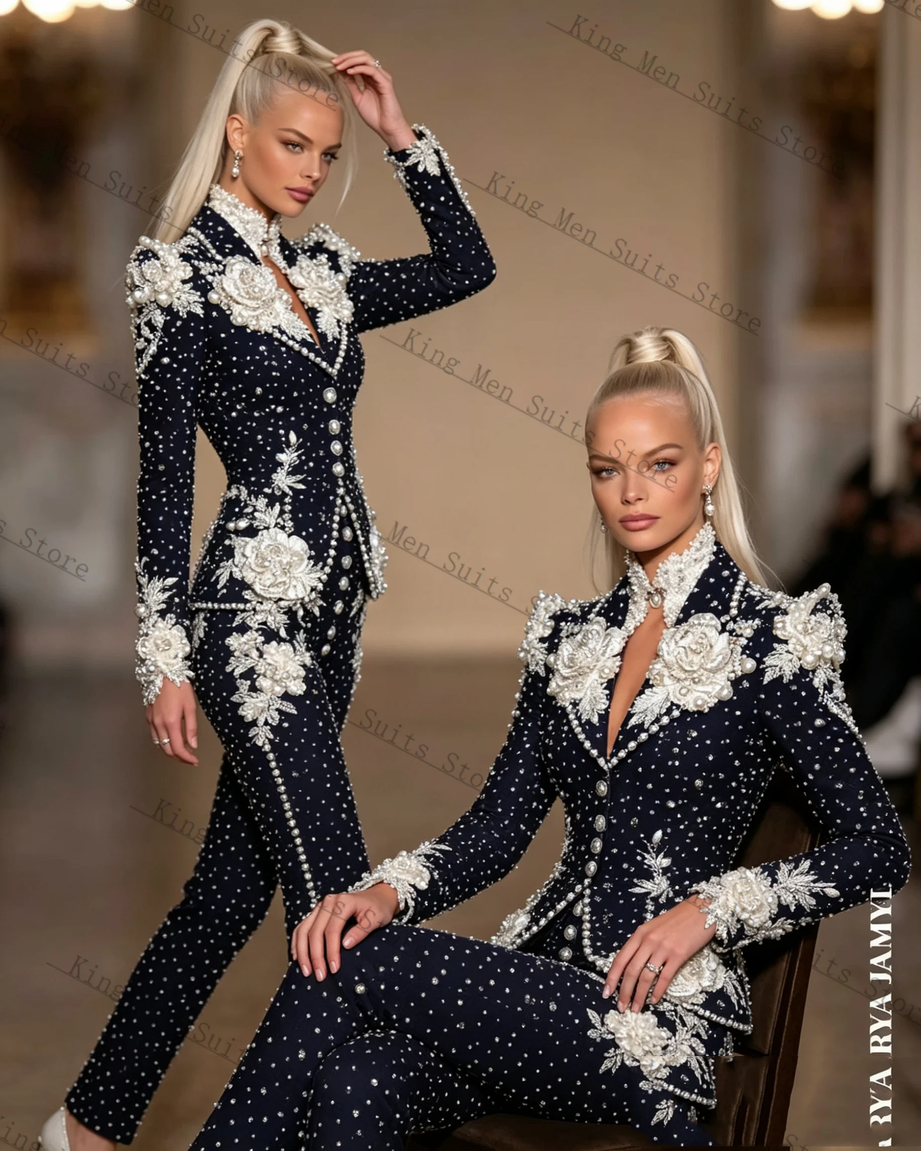 

Pearls Formal Women Suits Set 2 Piece Blazer+Pants Trousers 3D Flower Customized Office Lady Jacket Luxury Wedding Prom Coat
