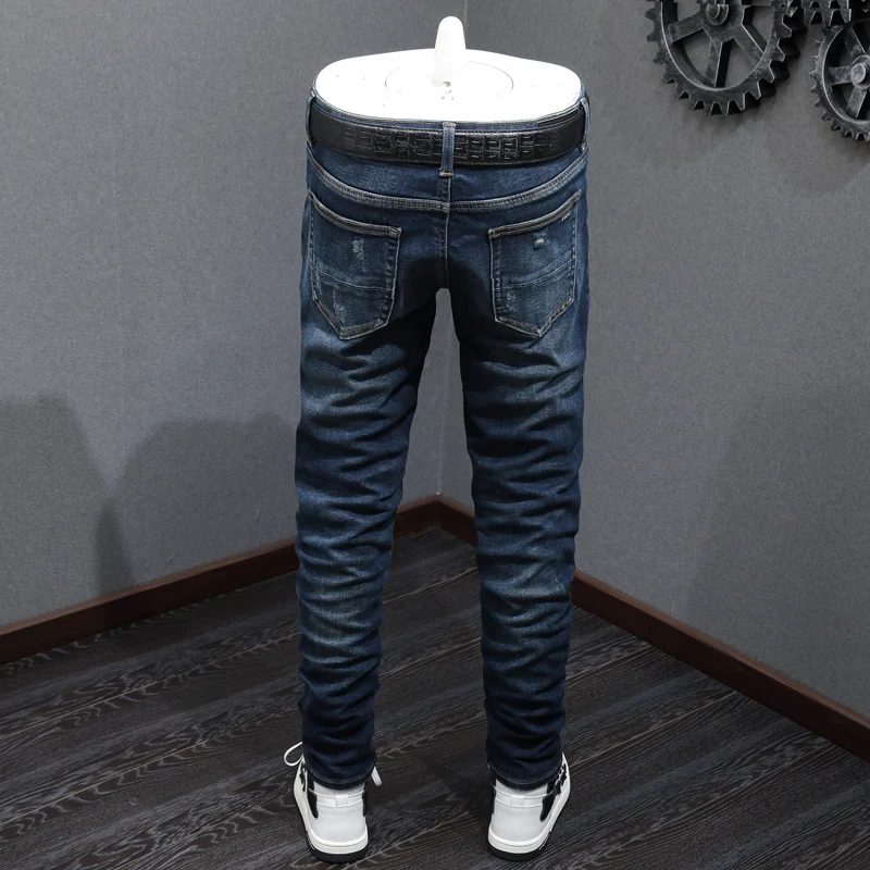 Men's High Street Fashion White Jeans Slimming Elastic Waist Retro Beaded Patch Hip Hop Pants Street Designer Y2K Style