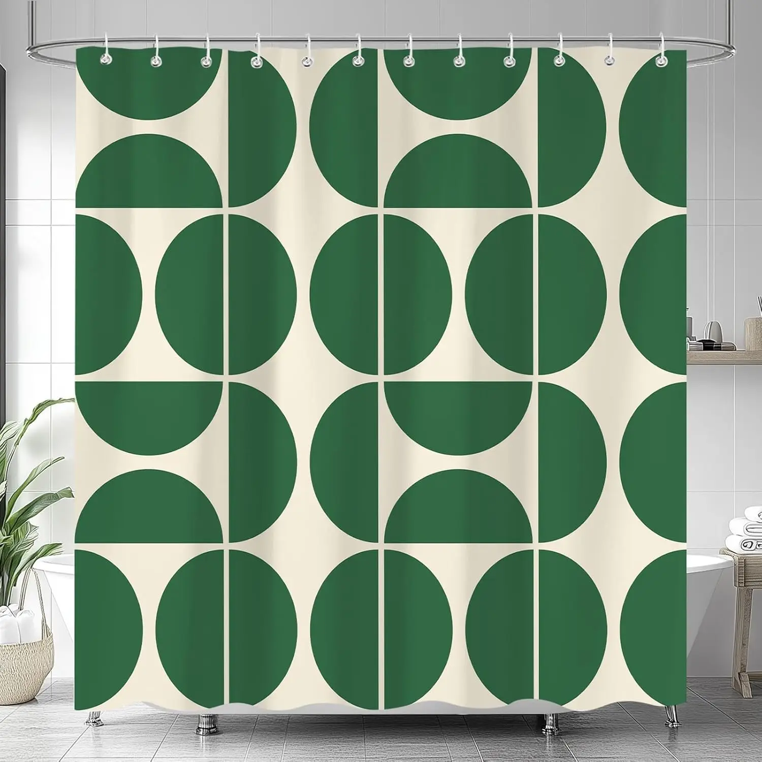 Green Mid-Century Modern Shower Curtain – Boho Abstract Geometric Pattern, Retro Art Bathroom Decor 12PCS Hooks 71X71Inch