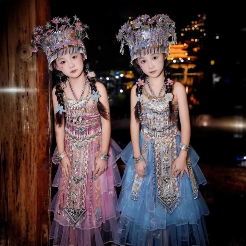 Summer Children Miao Ethnic Minority Batik Clothing Young Children's Walking Tours Shooting Miao Performance Costume Dress ZI989